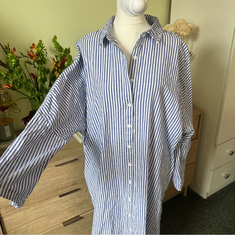 Blue & White Stripe Button Down Drop Shoulder Gauzy Airy Flowy Beach Midi Dress - Picture 2 of 15